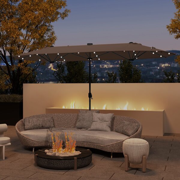 Costway Ombrellone doppio da giardino con luci solari 4x2m, Ombrellone rettangolare grande con manovella base Marrone