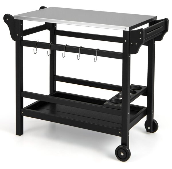 Costway Tavolo mobile da esterno per cibi, Stand per forno a pizza in HDPE con piano in acciaio inox vassoio Nero