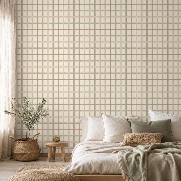 Carta da parati Motivo a quadretti chiari con linee beige e verde tenue, Parati astratta classici, a01267 : Uwalls.it