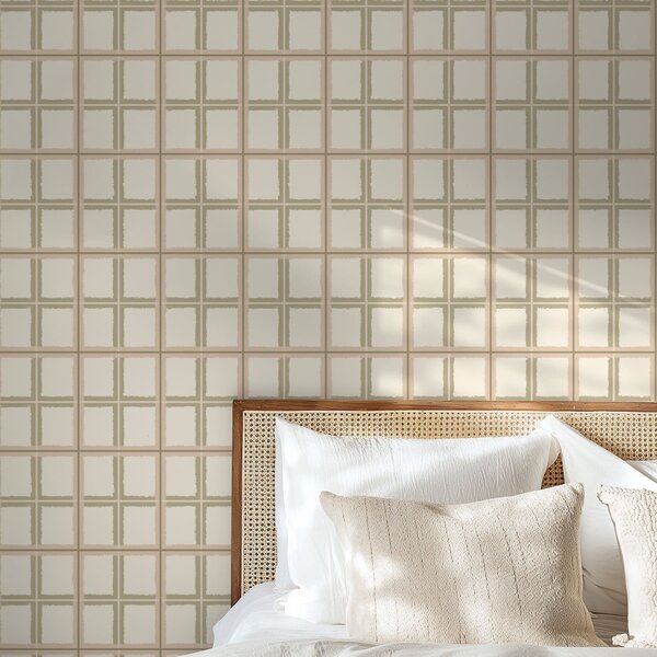 Carta da parati Motivo a quadretti chiari con linee beige e verde tenue, Parati astratta classici, a01267 : Uwalls.it