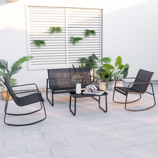 Costway Set da 4 pezzi per il patio con sedie a dondolo, 2 Sedie a dondolo e divanetto con tavolo in vetro per portico Nero