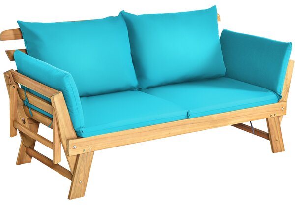 Costway Divano letto convertibile in legno d'acacia con braccioli regolabili cuscini, Chaise longue da esterno Verde chiaro