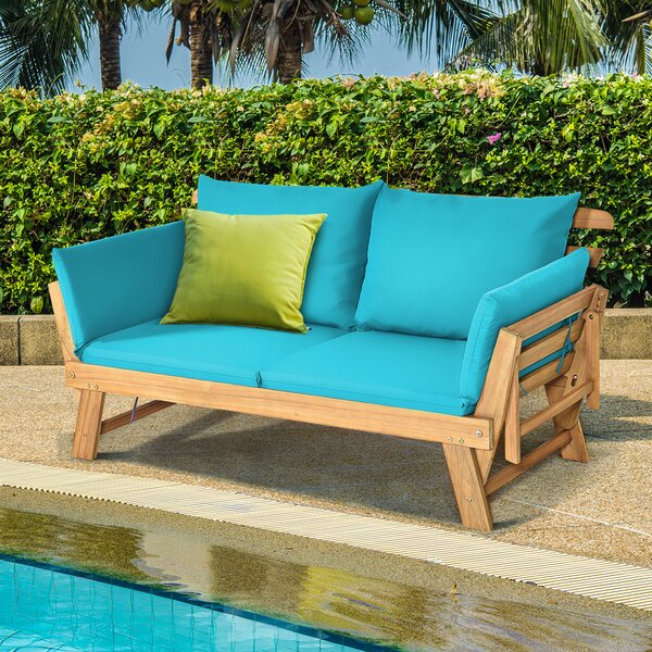 Costway Divano letto convertibile in legno d'acacia con braccioli regolabili cuscini, Chaise longue da esterno Verde chiaro