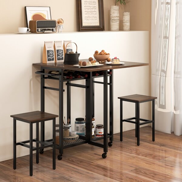 Costway Set tavolo da pranzo 3 pezzi con ruote e portabottiglie da 6 posti, Tavolo da cucina estendibile con 2 sgabelli Marrone