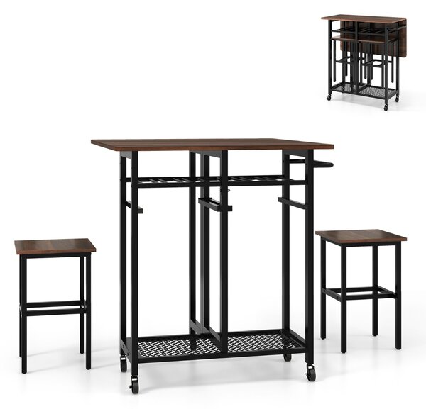 Costway Set tavolo da pranzo 3 pezzi con ruote e portabottiglie da 6 posti, Tavolo da cucina estendibile con 2 sgabelli Marrone