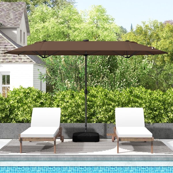Costway Ombrellone doppio da giardino con luci solari 4x2m, Ombrellone rettangolare grande con manovella base Marrone