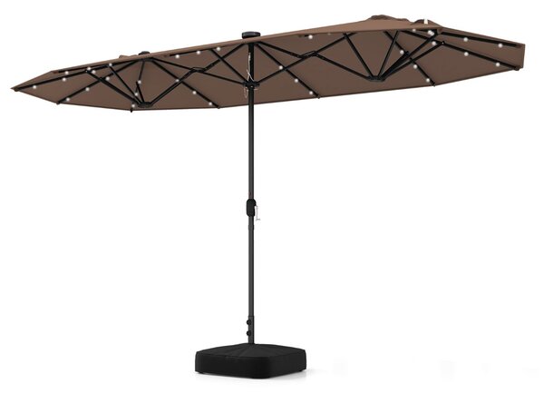 Costway Ombrellone doppio da giardino con luci solari 4x2m, Ombrellone rettangolare grande con manovella base Marrone