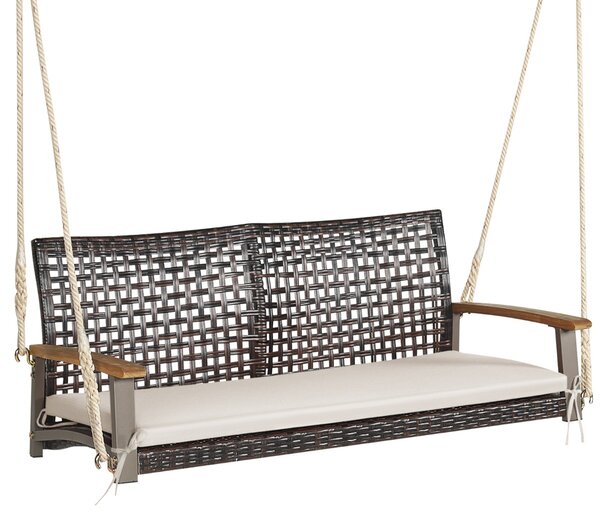 Costway Sedia dondolo in rattan a 2 posti con cuscino e braccioli in legno di acacia, Panchina dondolo in vimini Beige
