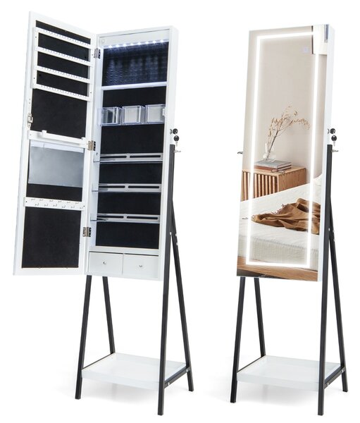 Costway Armadio portagioie autoportante con specchio LED e specchio intero bloccabile, Armadio portagioie di grande capacità Bianco