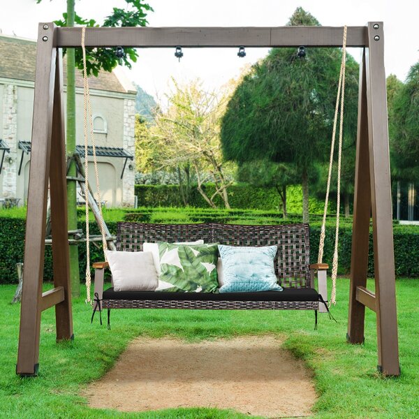 Costway Sedia dondolo in rattan a 2 posti con cuscino e braccioli in legno di acacia, Panchina dondolo in vimini Nero