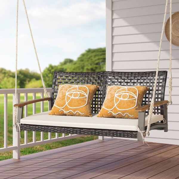Costway Sedia dondolo in rattan a 2 posti con cuscino e braccioli in legno di acacia, Panchina dondolo in vimini Beige