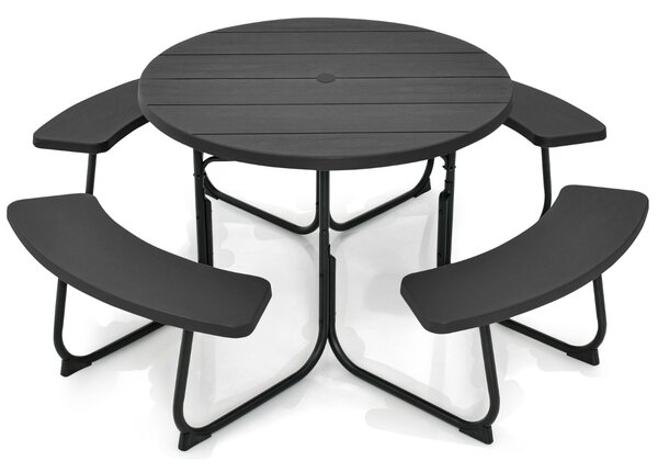 Costway Set tavolo da picnic per 8 persone con 4 panche e foro per ombrellone, Tavolo da picnic circolare portata 225kg Nero
