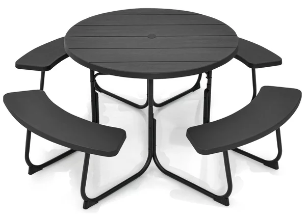 Costway Set tavolo da picnic per 8 persone con 4 panche e foro per ombrellone, Tavolo da picnic circolare portata 225kg Nero