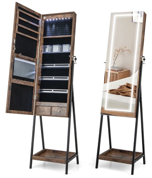 Costway Armadio portagioie autoportante con specchio LED e specchio intero bloccabile, Armadio portagioie di grande capacità Marrone