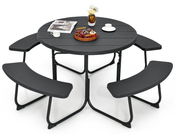Costway Set tavolo da picnic per 8 persone con 4 panche e foro per ombrellone, Tavolo da picnic circolare portata 225kg Nero