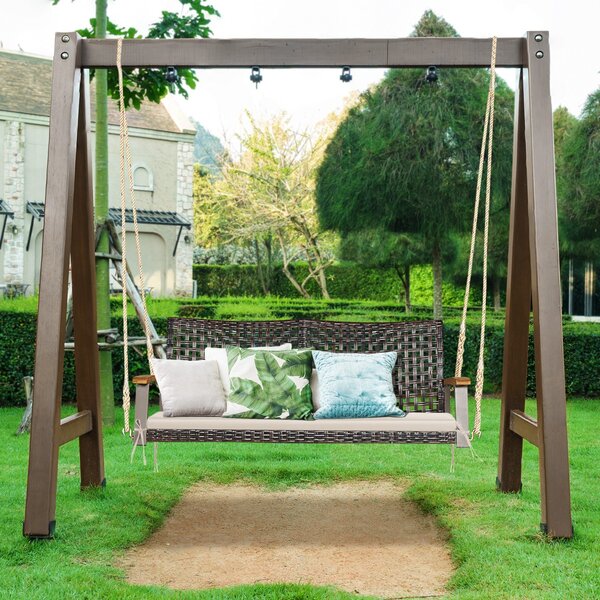 Costway Sedia dondolo in rattan a 2 posti con cuscino e braccioli in legno di acacia, Panchina dondolo in vimini Beige
