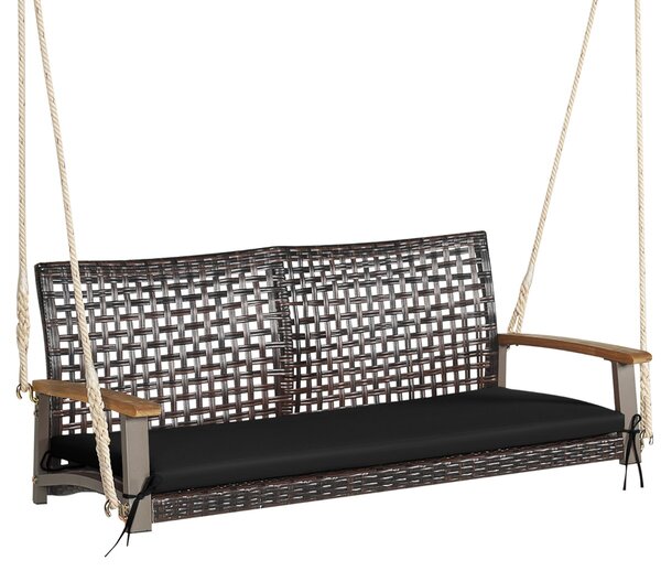 Costway Sedia dondolo in rattan a 2 posti con cuscino e braccioli in legno di acacia, Panchina dondolo in vimini Nero