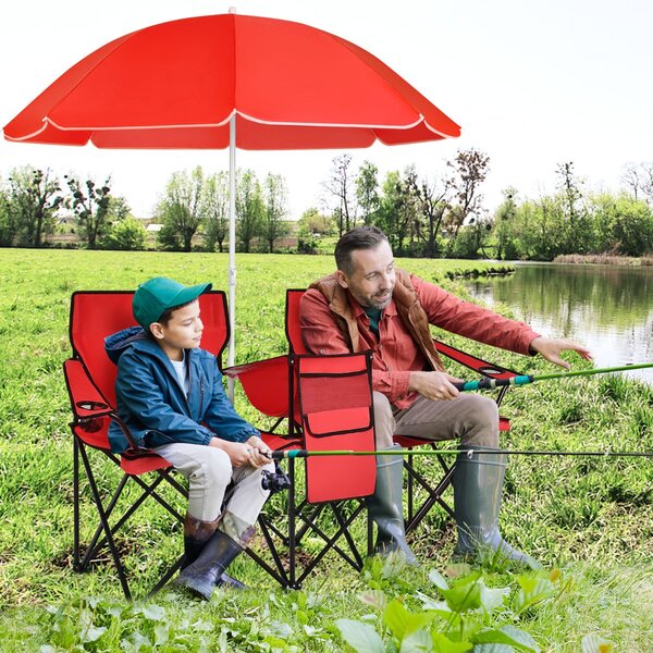 Costway Sedia da picnic in acciaio portatile e pieghevole, Sedia da picnic con ombrellone mini tavolo porta bevande Rosso