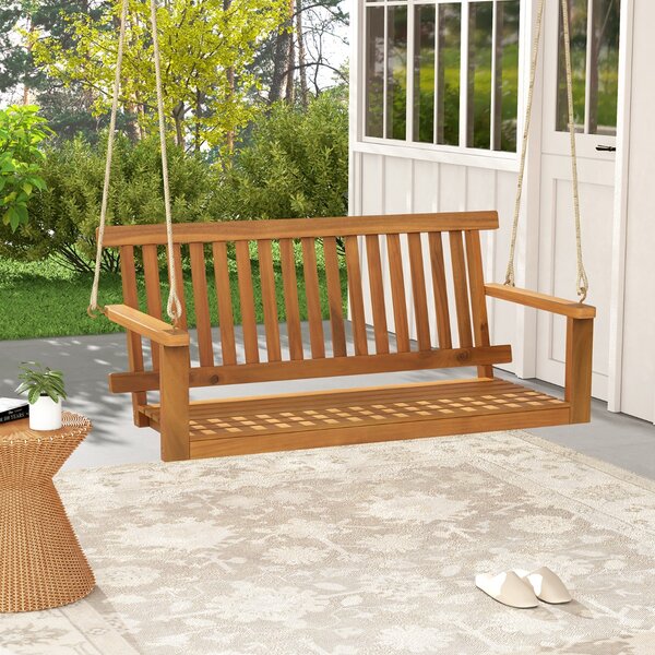 Costway Panchina a dondolo in legno di acacia con 2 corde di canapa carico di 360kg, Sedia a dondolo per giardino