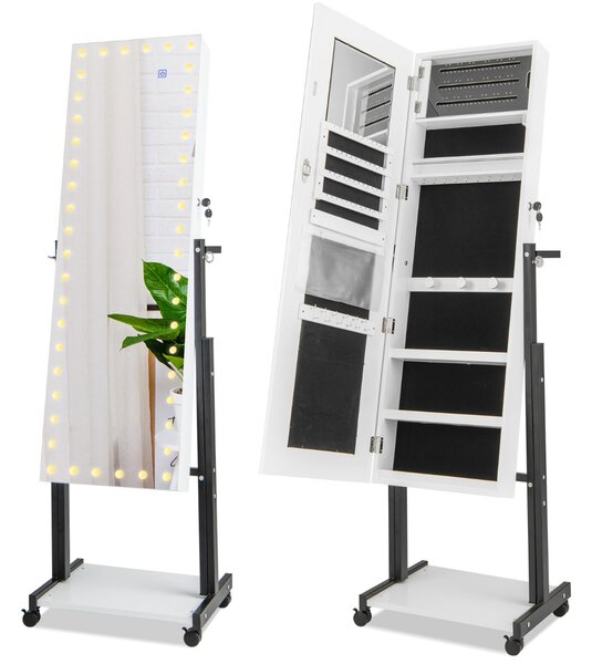 Costway Armadietto da gioielli con specchio a lunghezza intera dimmerabile a 3 colori, Armadio portagioie con ruote Bianco