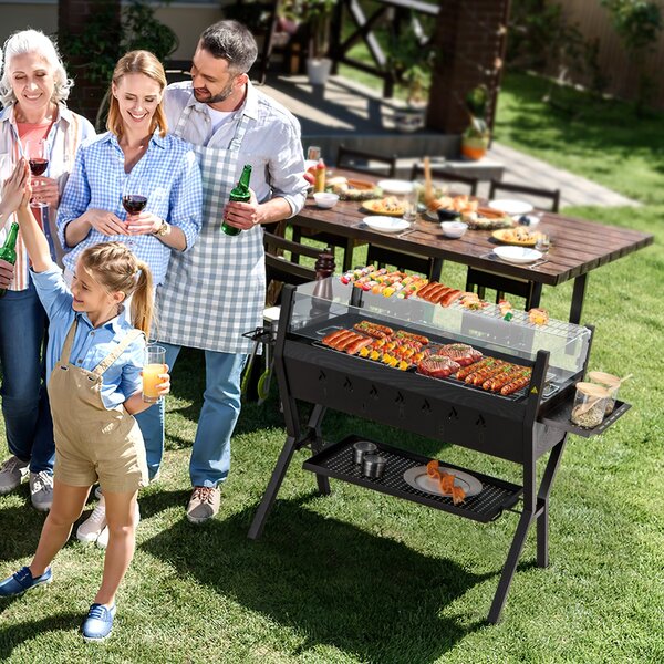 Costway Barbecue a carbone in acciaio con protezione antivento ripiani per condimenti, Set di griglie per barbecue Marrone