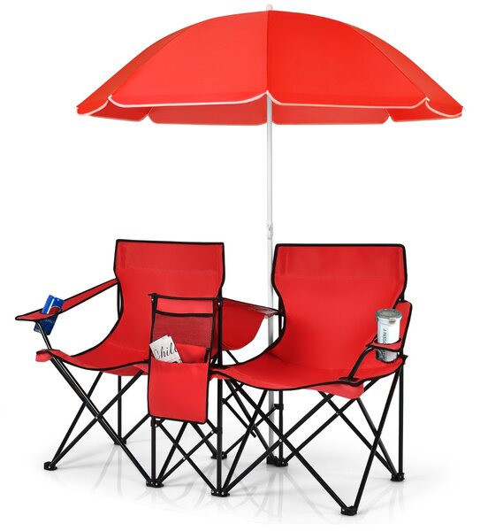 Costway Sedia da picnic in acciaio portatile e pieghevole, Sedia da picnic con ombrellone mini tavolo porta bevande Rosso