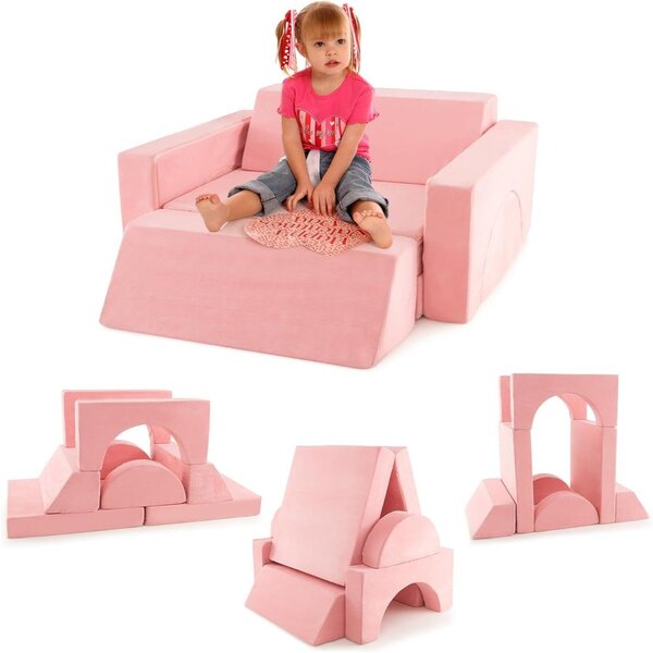 Costway Divano modulare per bambini 8 pezzi, Divanetto creativo per bambini con copertura staccabile per sala giochi Rosa