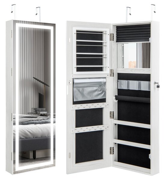 Costway Armadietto portagioie con specchio a LED da 120cm, Appendibile alla porta o da parete con specchio interno Bianco