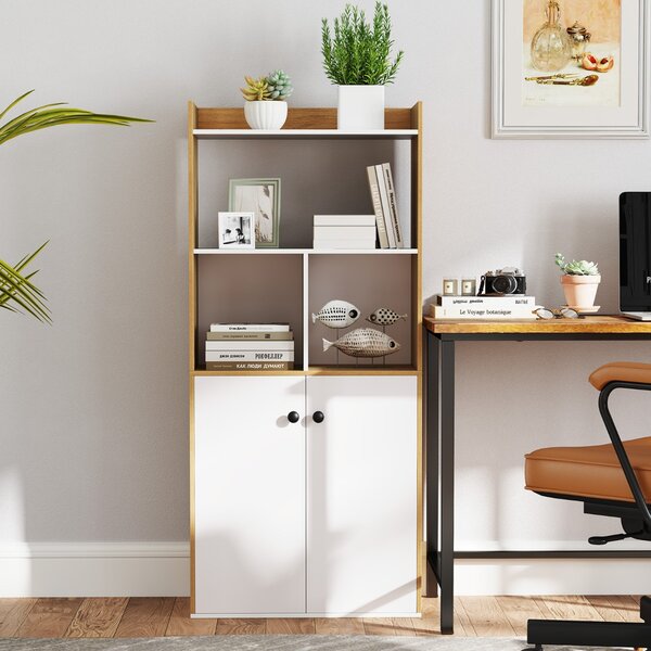 Costway Libreria moderno con ripiani ante e scomparti aperti, Scaffale multiuso con gambe inclinate per soggiorno 60x30x133cm