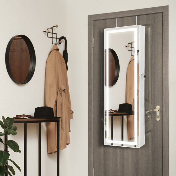 Costway Armadietto portagioie con specchio a LED da 120cm, Appendibile alla porta o da parete con specchio interno Bianco