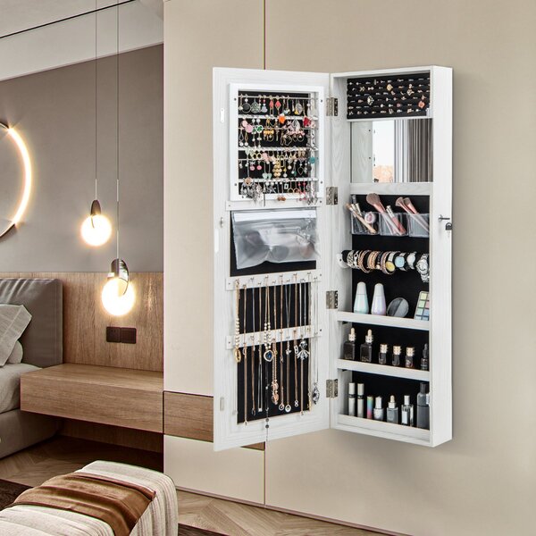Costway Armadietto portagioie con specchio a LED da 120cm, Appendibile alla porta o da parete con specchio interno Bianco
