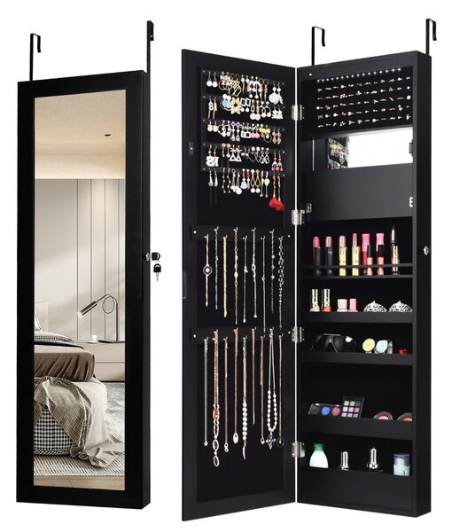 Costway Armadio per gioielli con specchio LED 119cm di altezza, Armadio per gioielli montabile a parete o porta Nero