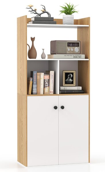 Costway Libreria moderno con ripiani ante e scomparti aperti, Scaffale multiuso con gambe inclinate per soggiorno 60x30x133cm