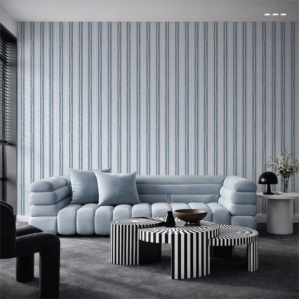 Carta da parati Righe verticali bianche e grigio-blu con, Parati geometrica classici, Parati geometrica a righe classici, a01268v1 : Uwalls.it