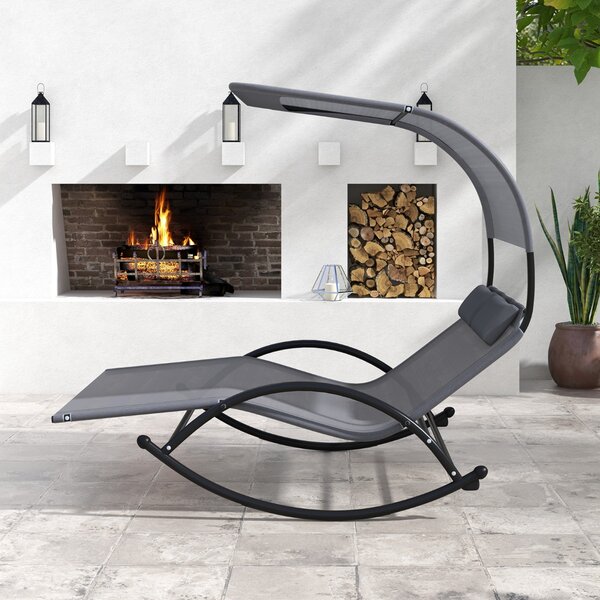 Costway Lettino solare a 2 posti a dondolo per esterno, Lettino patio con copertura e 2 poggiatesta staccabili Grigio
