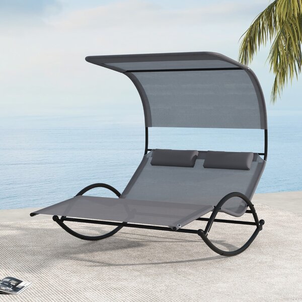 Costway Lettino solare a 2 posti a dondolo per esterno, Lettino patio con copertura e 2 poggiatesta staccabili Grigio