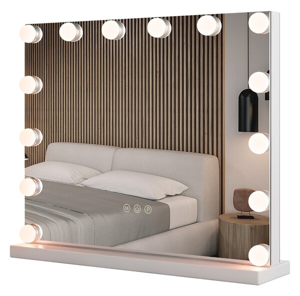 Costway Specchio per trucco illuminato, Specchio stile hollywood con 14 luci LED e specchio con ingrandimento 5X Bianco