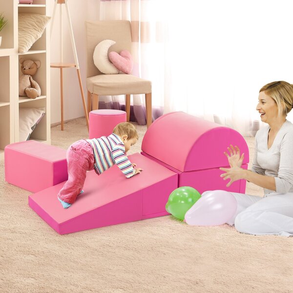 Costway Set di gioco da arrampicata per bambini da 5 pezzi, Strutture di gioco in schiuma impermeabili Rosa scuro