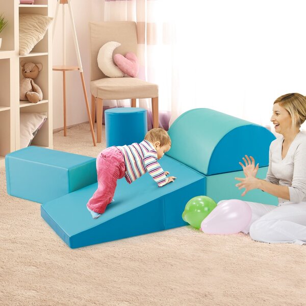 Costway Set di gioco da arrampicata per bambini da 5 pezzi, Strutture di gioco in schiuma impermeabili Blu