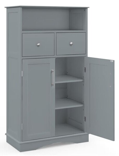 Costway Mobile per bagno con 2 porte 2 cassetti e 2 ripiani regolabili, Organizzatore da pavimento 60x30x108cm Grigio