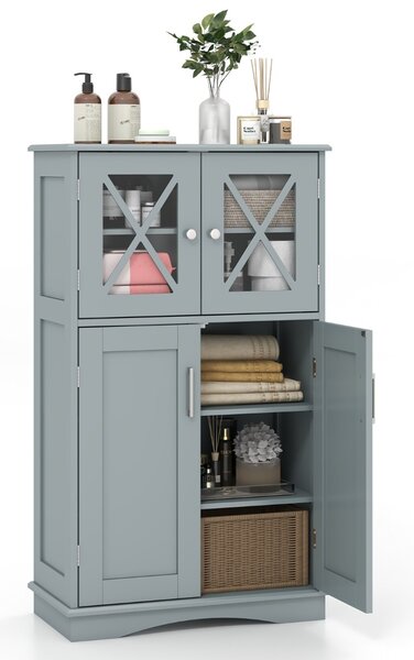 Costway Mobiletto portaoggetti da bagno con ante e ripiani regolabili, Mobiletto da pavimento per bagno 60x30x108cm Grigio
