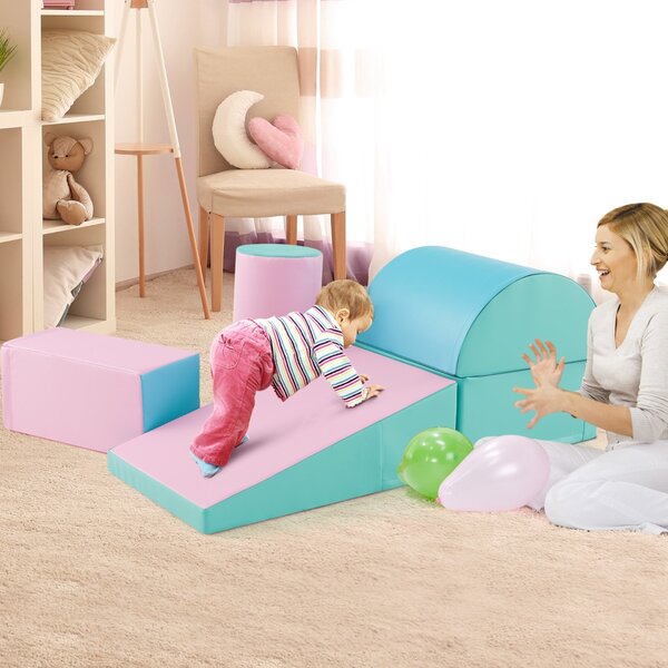 Costway Set di gioco da arrampicata per bambini da 5 pezzi, Strutture di gioco in schiuma impermeabili Verde e rosa