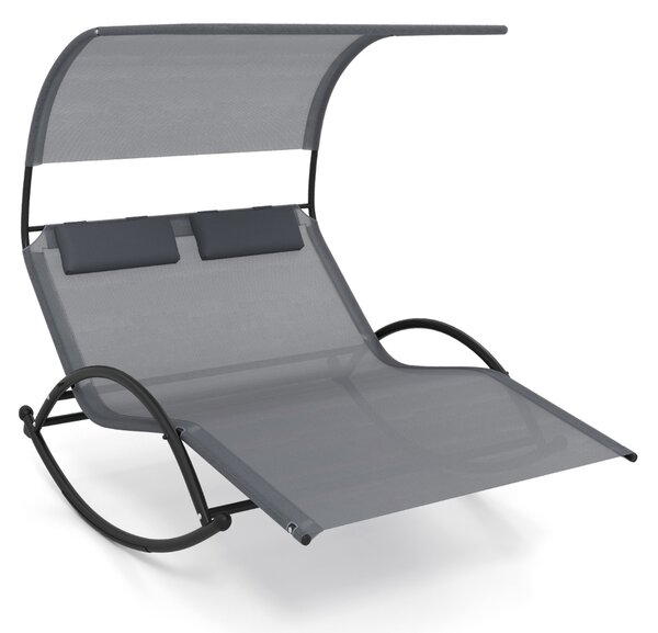 Costway Lettino solare a 2 posti a dondolo per esterno, Lettino patio con copertura e 2 poggiatesta staccabili Grigio