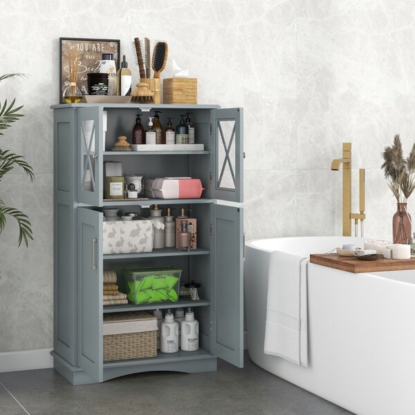 Costway Mobiletto portaoggetti da bagno con ante e ripiani regolabili, Mobiletto da pavimento per bagno 60x30x108cm Grigio
