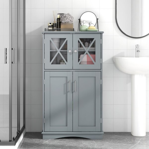 Costway Mobiletto portaoggetti da bagno con ante e ripiani regolabili, Mobiletto da pavimento per bagno 60x30x108cm Grigio