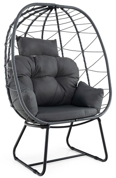 Costway Poltrona in rattan per patio con cuscino rimovibile cuscino per testa e supporto metallico, Sedia sospesa a uovo Grigio scuro