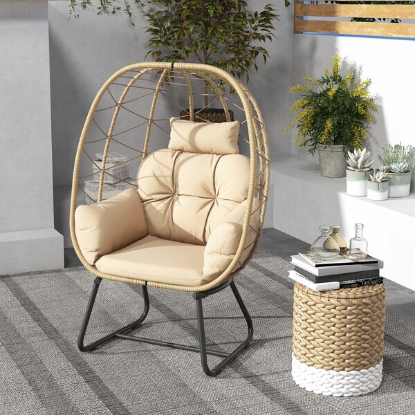 Costway Poltrona in rattan per patio con cuscino rimovibile cuscino per testa e supporto metallico, Sedia sospesa a uovo Beige