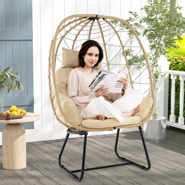 Costway Poltrona in rattan per patio con cuscino rimovibile cuscino per testa e supporto metallico, Sedia sospesa a uovo Beige