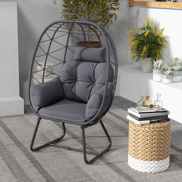 Costway Poltrona in rattan per patio con cuscino rimovibile cuscino per testa e supporto metallico, Sedia sospesa a uovo Grigio scuro
