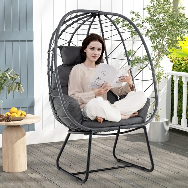 Costway Poltrona in rattan per patio con cuscino rimovibile cuscino per testa e supporto metallico, Sedia sospesa a uovo Grigio scuro